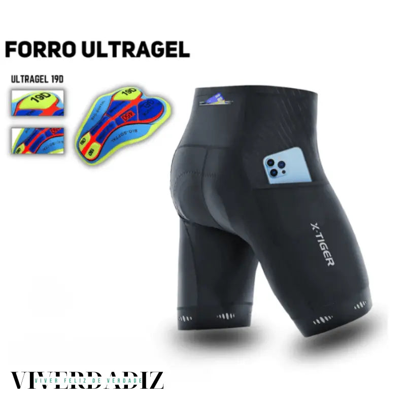 Short Esportivo Ciclismo Profissional com Bolso Traseiro Acolchoado em Gel 5D X tiger