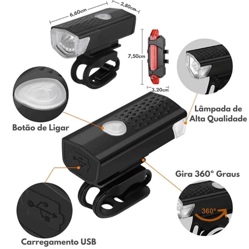 COMPRE E GANHE FAROL TRASEIRO Kit Farol Profissional Led Dianteiro + Lanterna Traseira de BRINDE Para Bike Recarregável USB - Viverdadiz