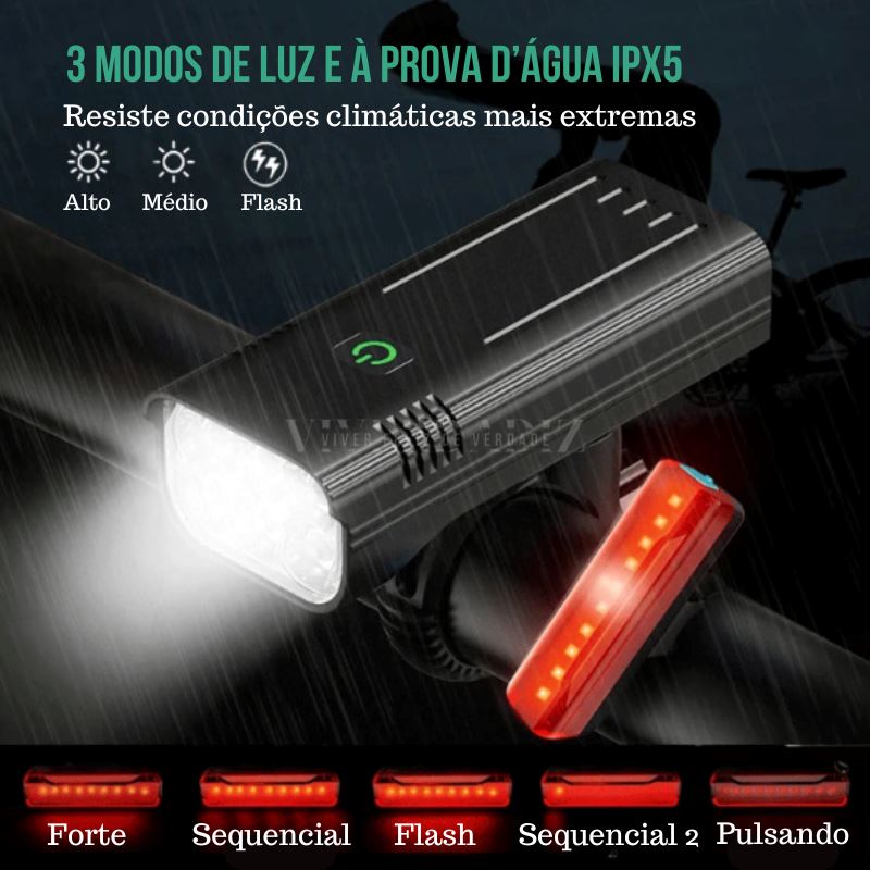 Farol de Bike Profissional Recarregável USB, 6-8 LEDS Luzes Dianteiras e Traseiras Viverdadiz 