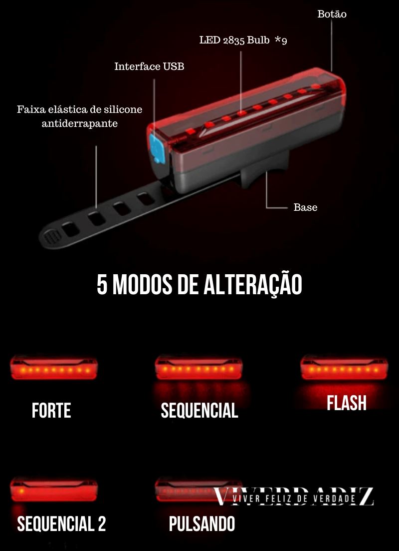 Farol de Bike Profissional Recarregável USB, 6-8 LEDS Luzes Dianteiras e Traseiras Viverdadiz 