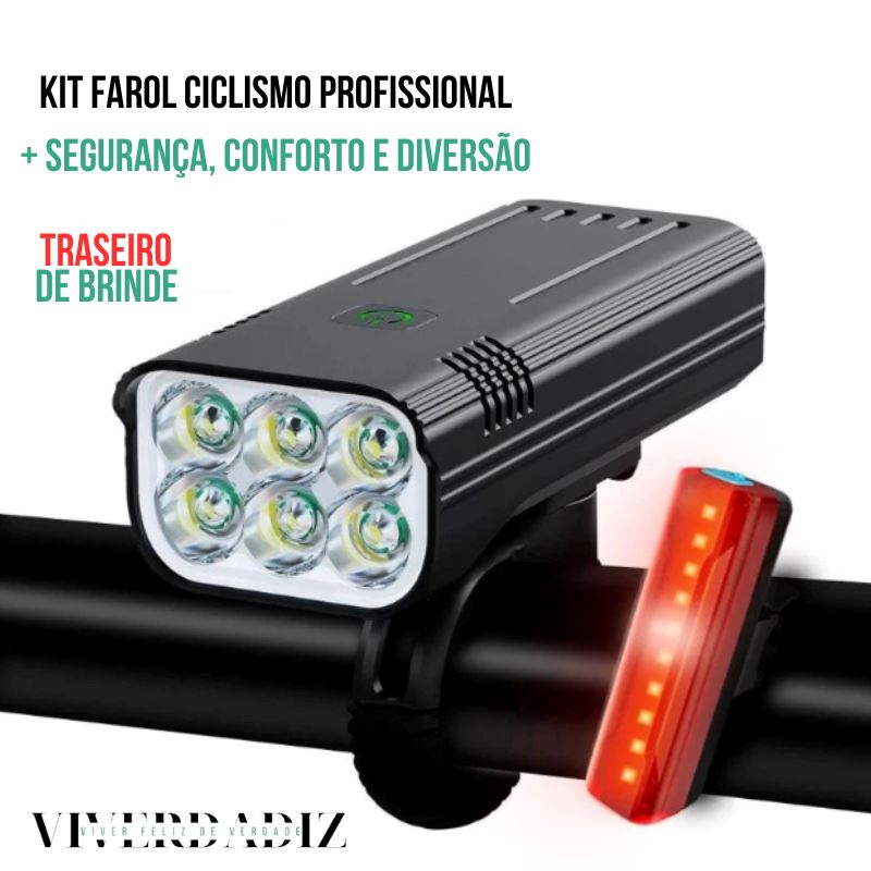 Farol de Bike Profissional Recarregável USB, 6-8 LEDS Luzes Dianteiras e Traseiras Viverdadiz 