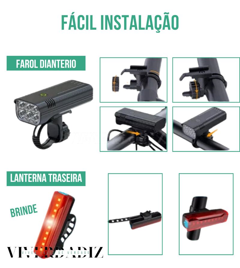 Farol de Bike Profissional Recarregável USB, 6-8 LEDS Luzes Dianteiras e Traseiras Viverdadiz 