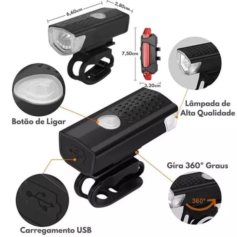 Kit Led Dianteiro + Sinalizador Traseiro de BRINDE Para Bike Recarregável USB